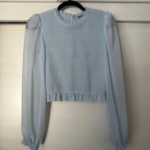 Wilfred Aritzia Light Blue Textured Smocked Blouse with slight balloon sleeve